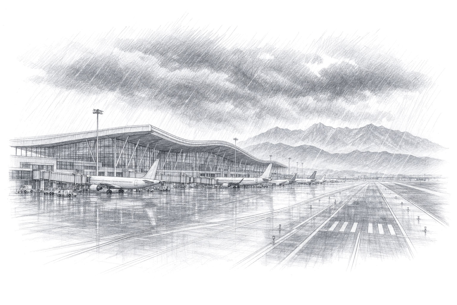 Illustration for: Monterrey Airport Paused Flights for Nearly an Hour in Storm